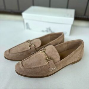 Laurel Flats - Light Taupe, Gold Buckle, Memory Foam, Faux Suede - Women’s 7.5